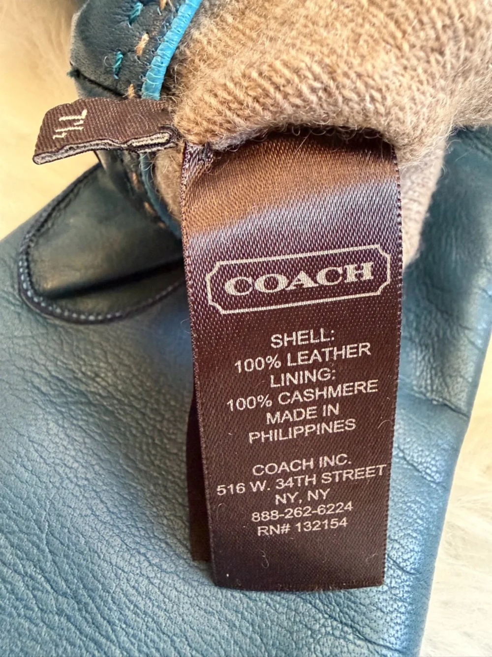Coach Teal Leather Gloves with Cashmere Lining - Picture 6 of 8